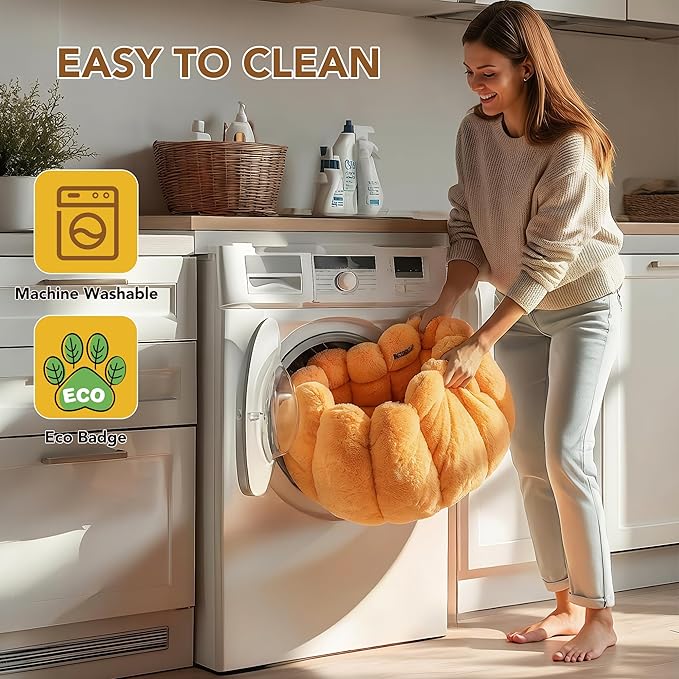 PETNOVO Pumpkin Calming Cat Bed,Plush Donut Cuddler with High Bolster,Ultra Soft Bunny Plush,Oeko‑TEX,Non-Slip Pet Nest,for Indoor Cats up to 13 lbs & Small Dogs,20Lx20Wx12H Inch,Pumpkin Yellow