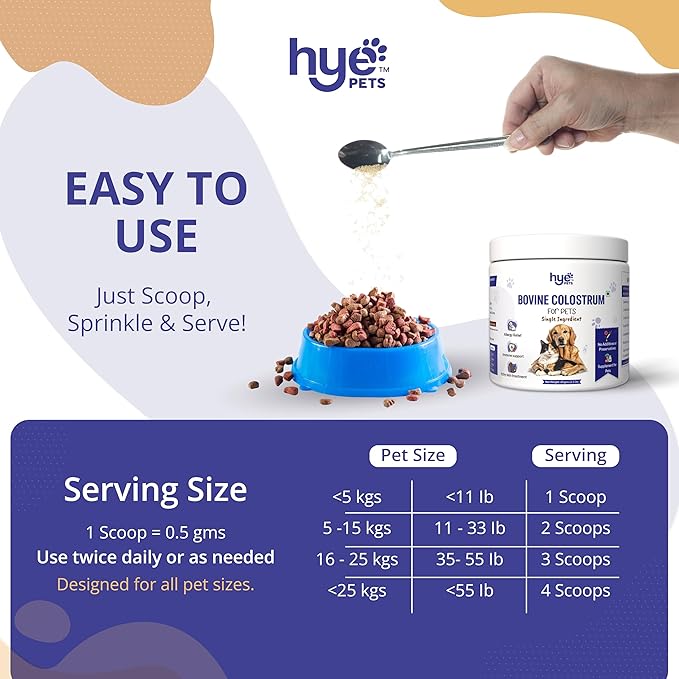 HYE Pets Bovine Colostrum for Dogs & Cats | from Grass-Fed Cows | Pure, Single Ingredient, No Preservatives | Immune Support | 120 Servings | 2.1 Oz