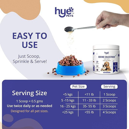 HYE Pets Bovine Colostrum for Dogs & Cats | from Grass-Fed Cows | Pure, Single Ingredient, No Preservatives | Immune Support | 120 Servings | 2.1 Oz