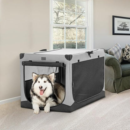 PETSFIT 40" Soft Portable Dog Crate – Patented Spiral Sturdy Frame, Collapsible Travel Kennel for Large Dogs, 3 Mesh Door, Lockable Zippers, Indoor & Car Use Gray