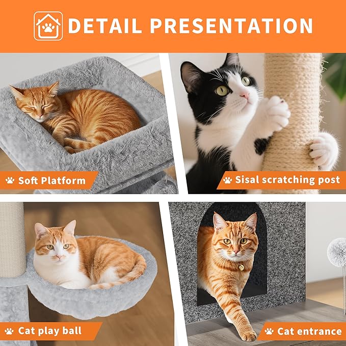 Cat Tree with Litter Box Enclosure Large, Multilevel Cat Play House with Large Condo, Spacious Hammock, Cozy Top Perch,Scratching Post and Dangling Balls