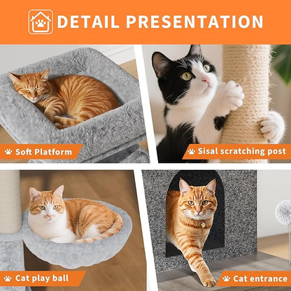Cat Tree with Litter Box Enclosure Large, Multilevel Cat Play House with Large Condo, Spacious Hammock, Cozy Top Perch,Scratching Post and Dangling Balls