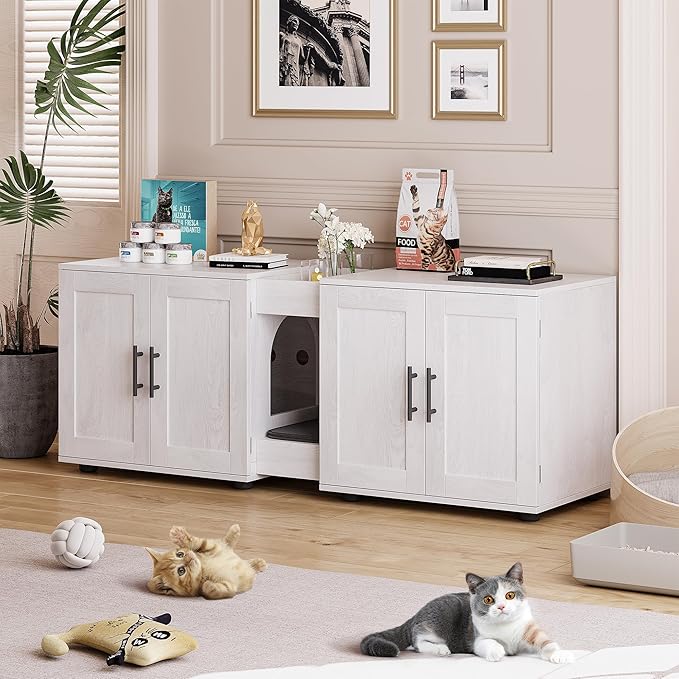 Cat Litter Box Enclosure Furniture for 2 Cats, 55" Large Hiddden Cat Litter Box Enclosure Furniture 3-IN-1 Wooden Cat Litter Cabinet with Barn Door & Double Rooms for Bedroom Living Room, White