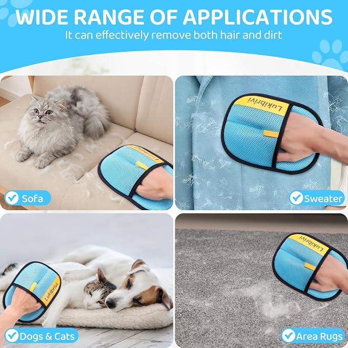 Pet Hair Removal Glove for Dogs & Cats - Upgraded Reusable Electrostatic Pet Hair Glove, Gentle Grooming Mitt, Pet Hair Remover Tool for Laundry, Couch, Carpet & Car Seat,2 Pack (Blue)