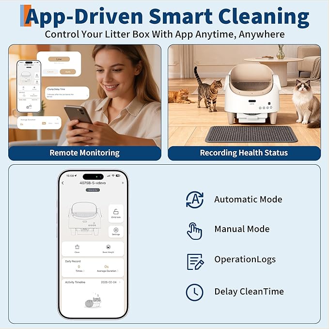 Self Cleaning Smart Litter Box APP Controlled Automatic Odor-Free Cat Toilet with Large Waste Bin Disposable Bags, Open Top Design for Single or Multi Cat Households