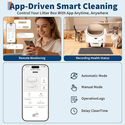 Self Cleaning Smart Litter Box APP Controlled Automatic Odor-Free Cat Toilet with Large Waste Bin Disposable Bags, Open Top Design for Single or Multi Cat Households