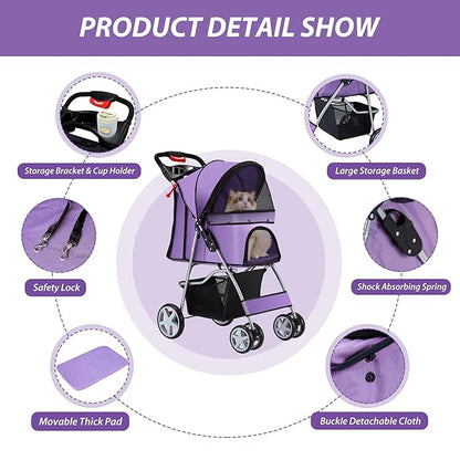 Unisakey 4 Wheels Pet Stroller for Small Medium Dogs Cats 10-33 lbs, Foldable Dog and Cat Stroller with Cup Holder & Storage Basket & Breathable Mesh, Pet Strolling Cart for All-Season, Purple