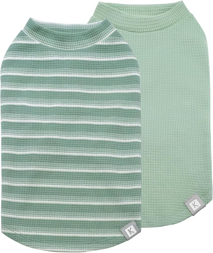 KYEESE 2Pack Waffle Dog Shirts, Lightweight Sleeveless Dog T Shirts for Small Dogs Boy Girl, Breathable Puppy Vest Comfortable Tank Top Soft Dogs Clothes for Daily Wear, Green+Striped, S