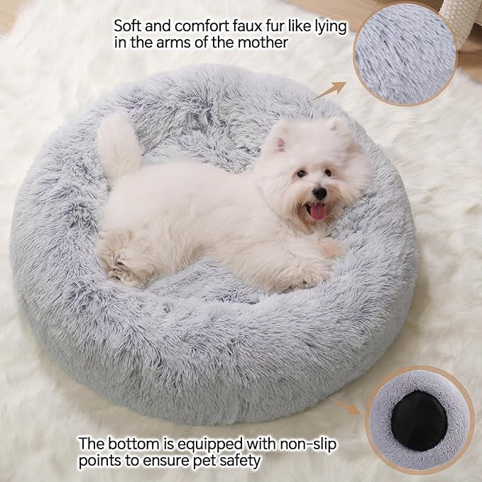 Calming Small Dog Bed, Donut Fluffy Anti-Anxiety Round Washable Cute Bed, Plush Cozy Cuddler Warming Soft Comfort Pet Bed for Small Medium Dogs Cats, 28inch,Light Grey