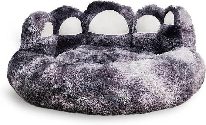 Cute Dog Bed, Fluffy Cozy Bear Paw Shape Plush Round Cat Bed for Small, Medium Dogs & Large Cats,Comfortable Sleeping Puppy Cushion, Ideal for Indoor Use（Black&Gray,26inch