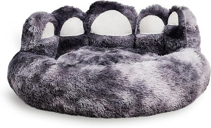 Cute Dog Bed, Fluffy Cozy Bear Paw Shape Plush Round Cat Bed for Small, Medium Dogs & Large Cats,Comfortable Sleeping Puppy Cushion, Ideal for Indoor Use（Black&Gray,26inch