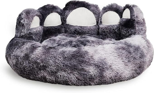 Cute Dog Bed, Fluffy Cozy Bear Paw Shape Plush Round Cat Bed for Small, Medium Dogs & Large Cats,Comfortable Sleeping Puppy Cushion, Ideal for Indoor Use（Black&Gray,26inch