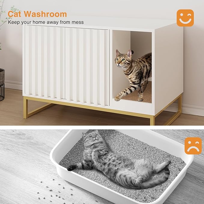 Halitaa Litter Box Enclosure, Modern Cat Litter Box Furniture Hidden Litter Box with Scratch Pad, Cat Washroom House End Table, Entryway Bench for Livingroom (White)
