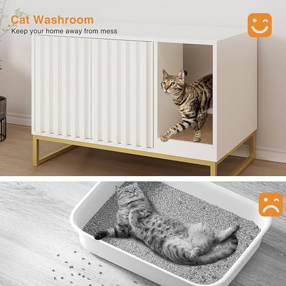 Halitaa Litter Box Enclosure, Modern Cat Litter Box Furniture Hidden Litter Box with Scratch Pad, Cat Washroom House End Table, Entryway Bench for Livingroom (White)