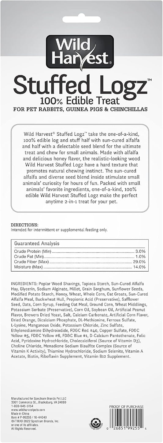Wild Harvest Stuffed Logz 1 Count, Edible Treat for Rabbits, Guinea Pigs and Chinchillas, Artificial Peanut Butter Flavor