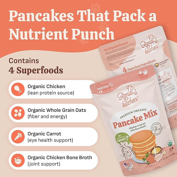 Rondi's Kitchen Organic Dog Pancake Mix - Natural Healthy Treat for All Dogs - Superfood Snack Made with Human-Grade Ingredients - Makes About 38 Pancakes - Chicken & Carrot with Bone Broth