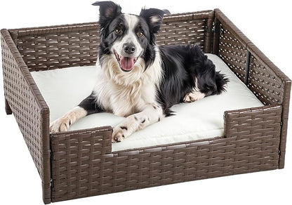 DWVO Rattan Dog House Outdoor Indoor with Cushion, Wicker Dog Sofa Bed for Small, Medium, and Large Dogs, 24.8''L*19.7''W*9.8''H, Beige