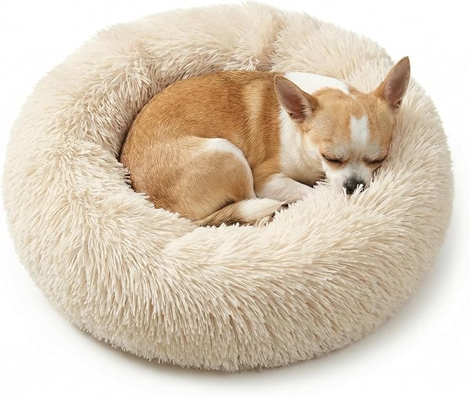 Tiny Dog Bed 15 Inch for Extra Small Dogs,Washable Puppy Bed,Soft Faux Fur Calming Donut Bed for Chihuahua Yorkie Maltese Pomeranian,Beige