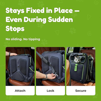 Premium Expandable Cat Carrier Backpack with Car Seat Belt Safety System – Rigid Frame Pet Carrier Backpack for Cats & Small Dogs up to 25 lbs – Breathable, Durable – Includes Bottle & Feeding Bowl