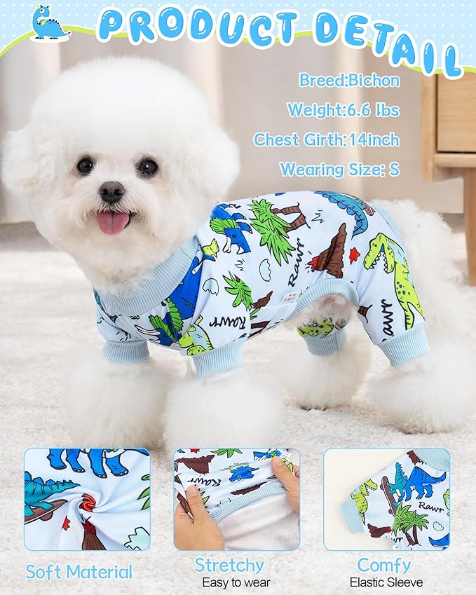XPUDAC Dog Pajamas Dinosaur Dog Clothes for Small Medium Dogs Boy Girl Stretchy Cozy Pet Onesie with Feet Doggie Jammies Cat Apparel, XS