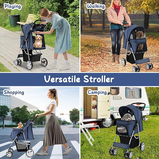 4 Wheels Dog Stroller, Foldable Pet Stroller for Small/Medium Dogs Cats, Cat Carrier with Storage Basket and Cup Holder, Pet Car Seat with Soft Pad, Navy Blue