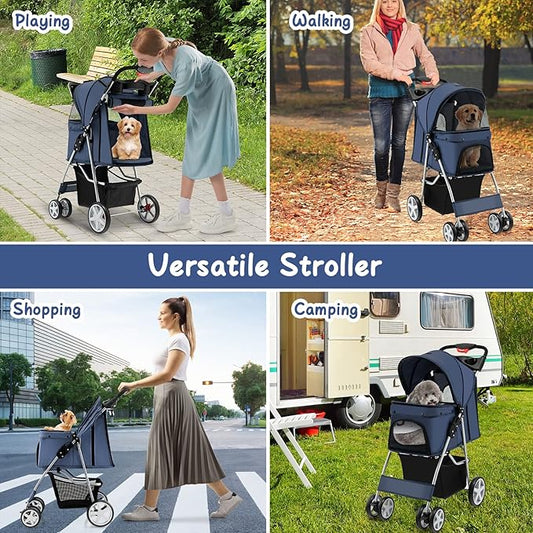 4 Wheels Dog Stroller, Foldable Pet Stroller for Small/Medium Dogs Cats, Cat Carrier with Storage Basket and Cup Holder, Pet Car Seat with Soft Pad, Navy Blue