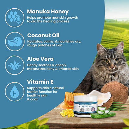 Cat Paw Balm Cat Cream 2 oz: Hot Spot Treatment for Cats Dermatitis, Mange Treatment, Cat Itchy Skin Relief for Dry Skin, Pet Wound Care, Natural Allergy Relief with Manuka Honey, Aloe Vera, Vitamin E