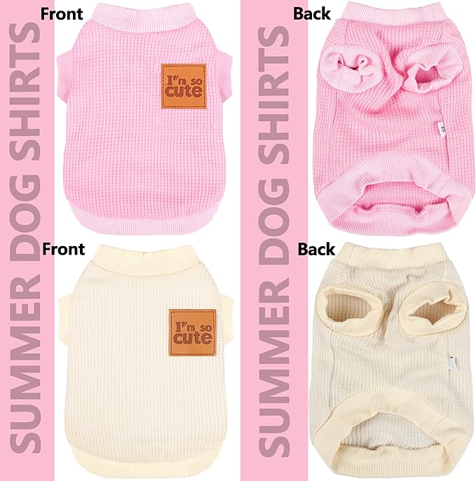 2 Pack Dog Shirt Vest Dog Clothes for Small Dogs Summer Waffle Puppy T-Shirts Soft Sleeveless Pet Clothes Lightweight Medium Large Doggy Outfit Cat Clothing (Pink+Beige, Small)