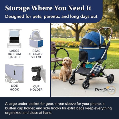 Luxury Pet Stroller with Detachable Carrier | Lightweight Design with Easy One-Hand Fold & Spacious Storage Basket | Safe & Comfortable Travel for a Small to Medium Dog or Cat, Blue