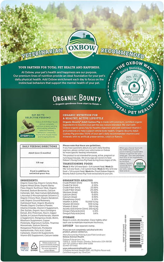 Oxbow Organic Bounty Adult Guinea Pig Food, Organic Guinea Pig Pellets Made with Timothy Hay, Stabilized Vitamin C, Small Animal Pet Products, Small Animal Food Made in USA, High Fiber, 3 lb. bag