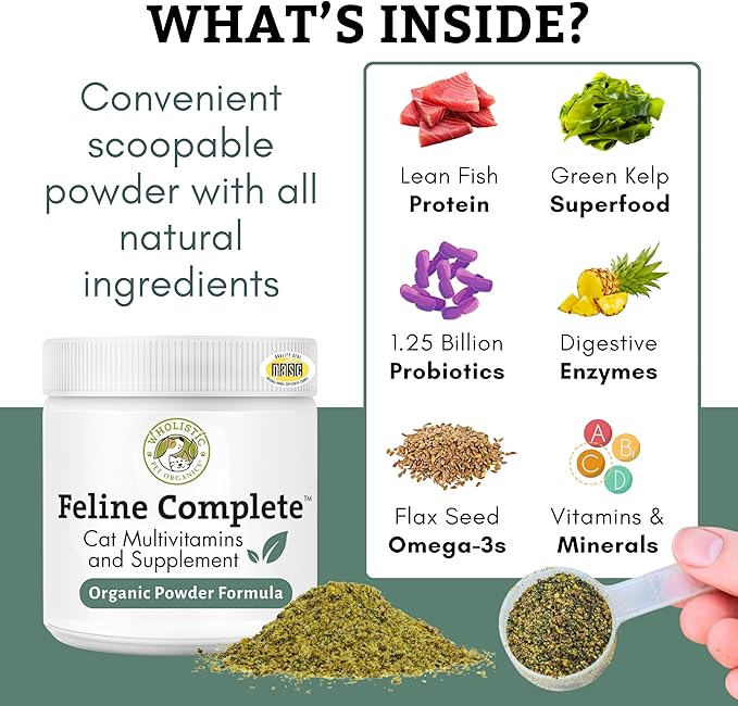 Wholistic Pet Organics Feline Complete - 4 Oz - Multivitamin & Probiotic Powder for Cats - Natural Cat Food & Digestive Support - 37 Scoops