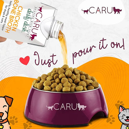 Caru - Daily Dish Chicken Bone Broth - Meal Topper for Dogs & Cats - Supports Overall Pet Health - Pour-Over Broth for Wet/Dry Food - Human Grade Ingredients - Non-GMO - Made in USA - 12 Pack
