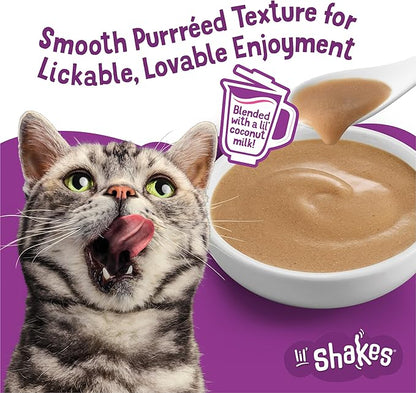 Friskies Purina Pureed Cat Food Topper,Lil’ Shakes with Scrumptious Salmon Lickable Cat Treats - 1.55 oz. Pouches,(Pack of 32)
