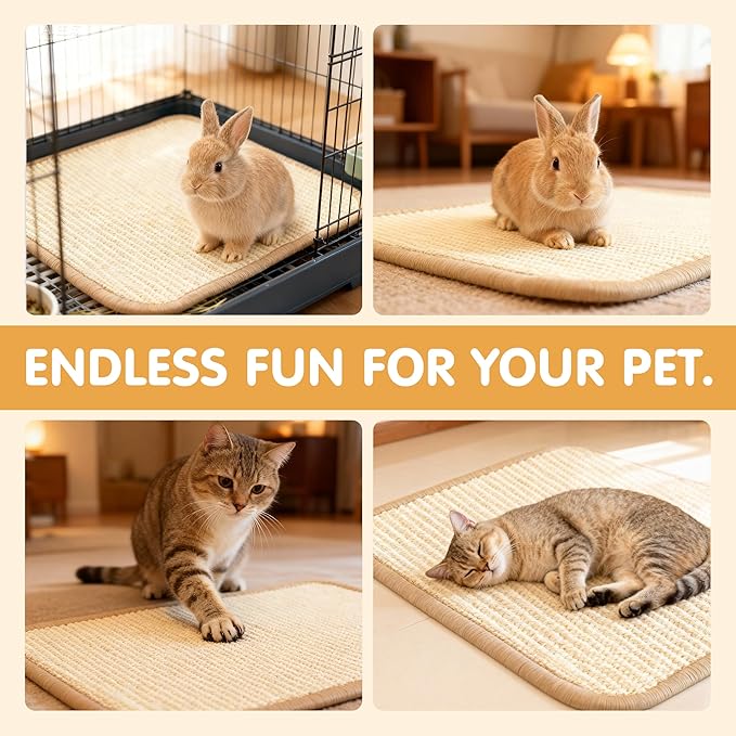 Rabbit Toys & Bunny Scratch Pad, Natural Sisal Nesting Pad Rabbit Scratching Pad for Indoor Cage, 2-in-1 Rabbit Bedding Mat & Chew Toy for Teething & Play, Helps Nail Health (2PCS, 16x12in)