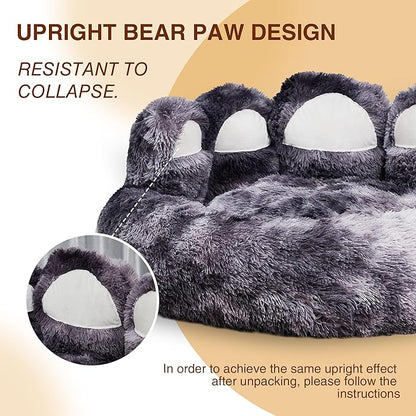 Cute Dog Bed, Fluffy Cozy Bear Paw Shape Plush Round Cat Bed for Small, Medium Dogs & Large Cats,Comfortable Sleeping Puppy Cushion, Ideal for Indoor Use（Black&Gray,26inch