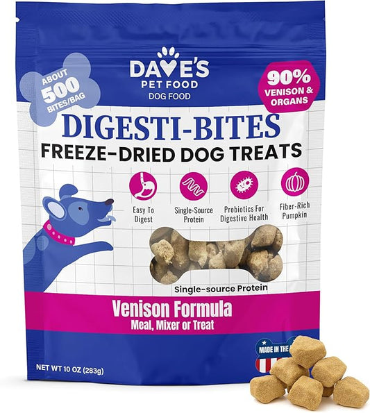 Dave's Pet Food Freeze Dried Venison Treats for Dogs with Pumpkin Fiber & Probiotics, Easy to Digest, Complete & Balanced Nutritious, Freeze Dried Dog Food Topper, USA Made (10 oz)