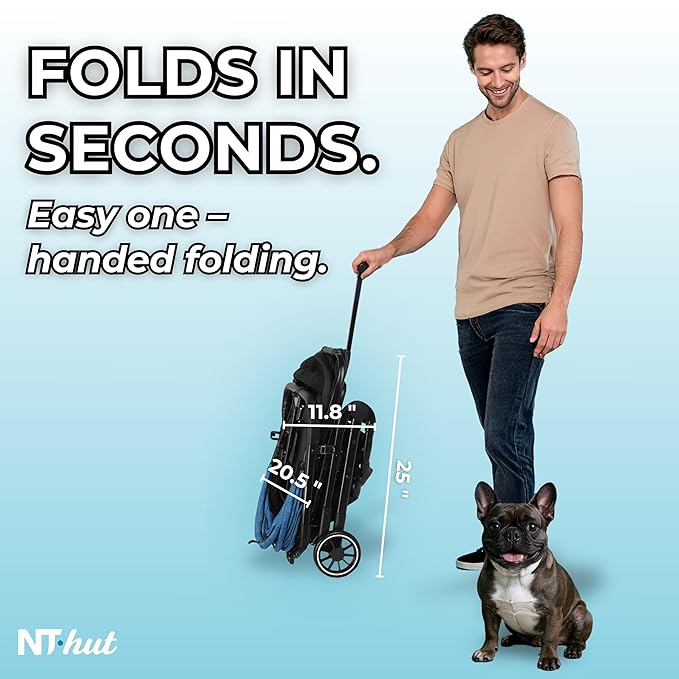 Dog Stroller for Small Medium Dogs & Cats Up to 50 lbs – NTHUT WagZee Foldable Pet Stroller with 360° Mesh Windows, One-Click Fold, Reflective Trim, Storage Basket & Cup Holder (Black Teal)