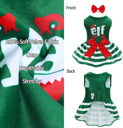 CuteBone Elf Dog Dresses Velvet Holiday Small Dogs Clothes Onesie Pet Apparel Girl Puppy Skirt with Bow Hair Rope CVA55M-D