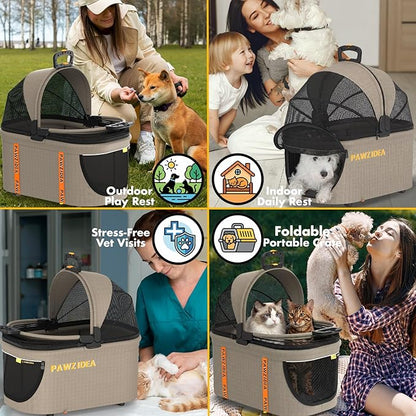 PAWZIDEA 4-in-1 Pet Stroller with Detachable Carrier, Escape-Proof No-Zip Canopy, Lightweight Foldable Dog Stroller for Small Medium Dogs & Cats, Portable Travel Crate & Car Seat Combo, Storage Basket