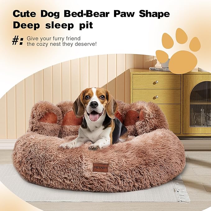 Cute Dog Bed, Fluffy Cozy Bear Paw Shape Plush Round Cat Bed for Small, Medium Dogs Large Cats, Comfortable Sleeping Puppy Cushion, Ideal for Indoor Use（Khaki,30inch