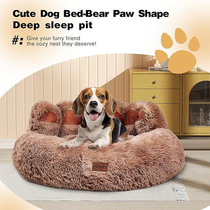 Cute Dog Bed, Fluffy Cozy Bear Paw Shape Plush Round Cat Bed for Small, Medium Dogs Large Cats, Comfortable Sleeping Puppy Cushion, Ideal for Indoor Use（Khaki,30inch