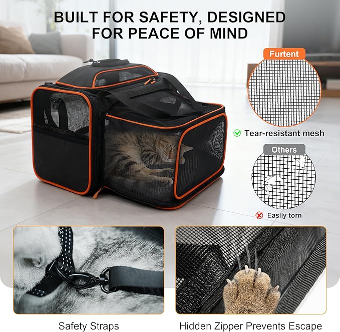 Cat Carrier, Airline Approved Dog Carrier with Top and Side Expansion, 360° Ventilation Soft-Sided Cat Carrier with Safety Leash, Foldable Travel Carrier for Small Cats and Dogs,Black