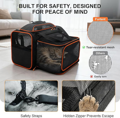 Cat Carrier, Airline Approved Dog Carrier with Top and Side Expansion, 360° Ventilation Soft-Sided Cat Carrier with Safety Leash, Foldable Travel Carrier for Small Cats and Dogs,Black