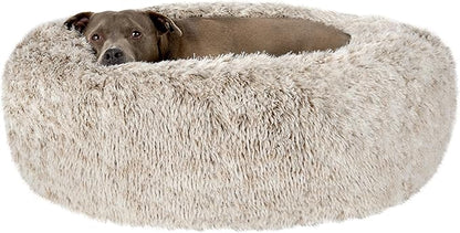 Furhaven 36" Round Calming Donut Dog Bed for Large/Medium Dogs, Refillable w/Removable Washable Cover, for Dogs Up to 75 lbs - Shaggy Plush Long Faux Fur Donut Bed - Driftwood Brown, Large