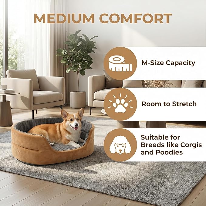 Large Dog Bed Cat Bed 20x30 Inch, Calming Pet Bed for Medium Dogs & Large Cats, Half-Enclosed Open-Top Velvet Anti-Anxiety Bed, Machine Washable Cozy Snuggle Bed (Camel)