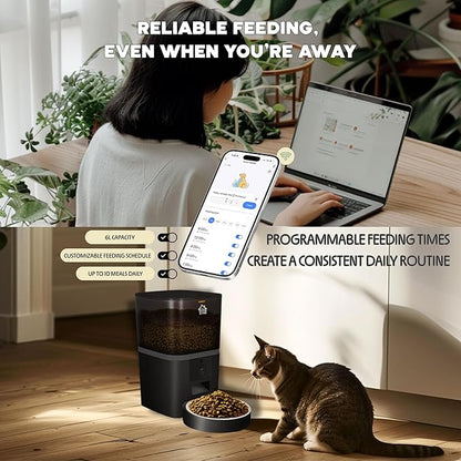 Automatic Cat Feeder, 6L Timed Dry Food Dispenser for Cats and Dogs, App Control, Portion Control, Scheduled Daily Meals, Up to 10 Meals Daily.