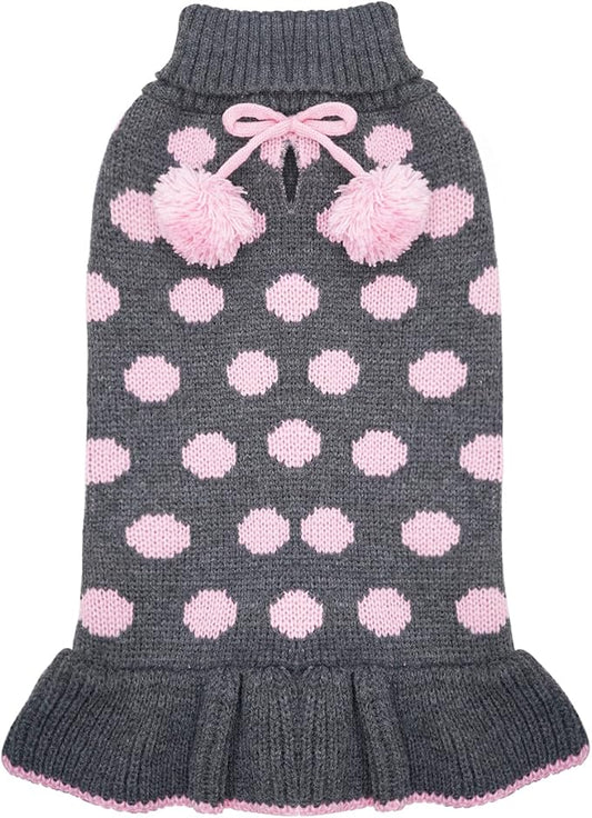 KYEESE Dog Sweater Dress Polka Dot Turtleneck Dogs Sweaters for Girl with Leash Hole Knit Pullover with Pom Pom Ball