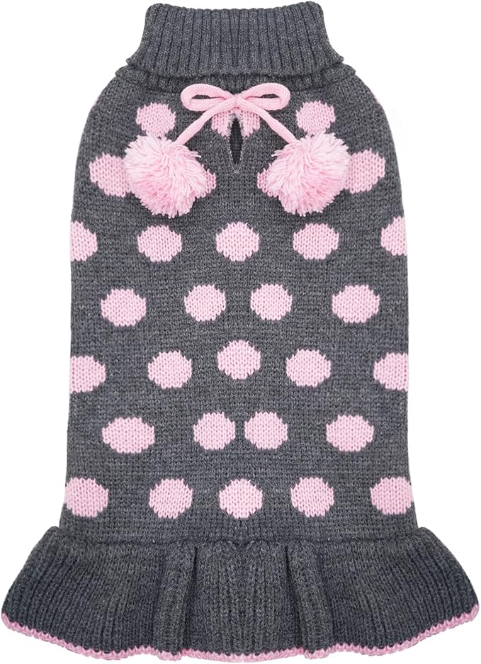 KYEESE Dog Sweater Dress Polka Dot Dog Sweater for Girl with Leash Hole Knit Warm Dogs Clothes with Pom Pom Ball for Fall Winter