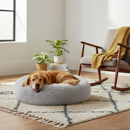 Soft Round Dog & Cat Bed, Anti-Anxiety Donut Cuddler with Anti-Slip Bottom Cozy Fluffy Pet Bed for Medium Large Dogs and Cats, 37inch, Grey
