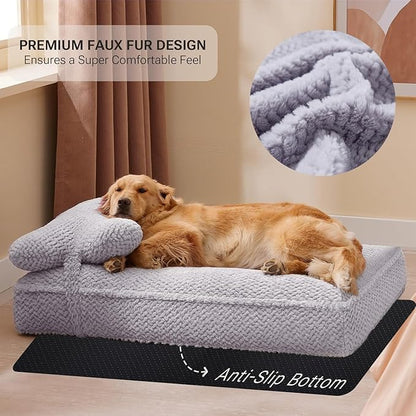 Soft Touch Faux Fur Dog Bed for Medium to Large Sized Dogs 8.5" Extra Thick, Orthopedic Pet Bed with Waterproof Liner and Washable Cover, with Removable Cute Pillow, Grey Color